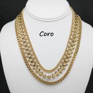 Coro Egyptian Revival Three Strand Necklace, Book Chain Center, 1950s Vintage